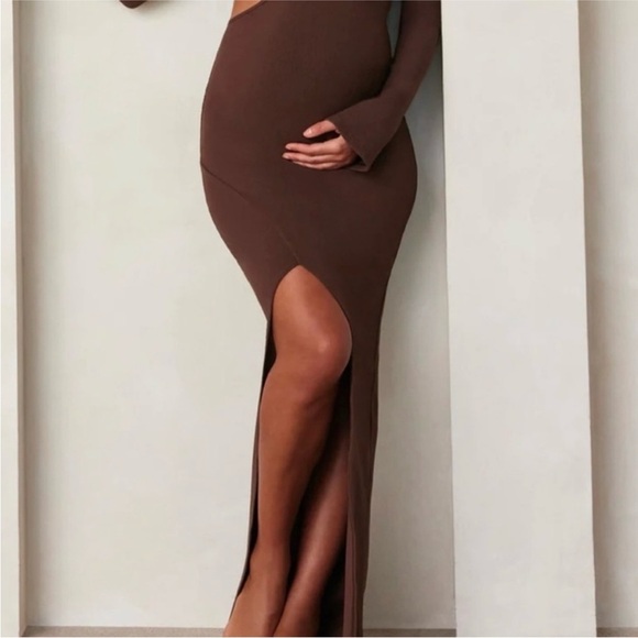 Bumpsuit The Sculpting Rib Long Sleeve Cut-Out Brown Maxi Dress M - Picture 3 of 12